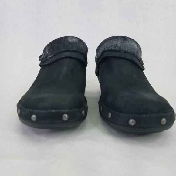 Merrell Luxe Wrap Mule Women's 6 Black Suede Leather Clog Metal Rivets Cone Heel - Picture 3 of 16